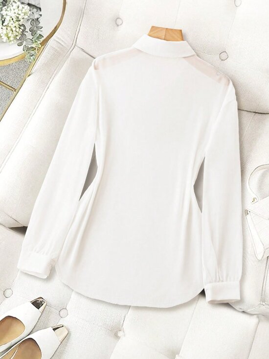 White Casual Women's Transparent Plain Collared Shirt - Picture 2 of 5